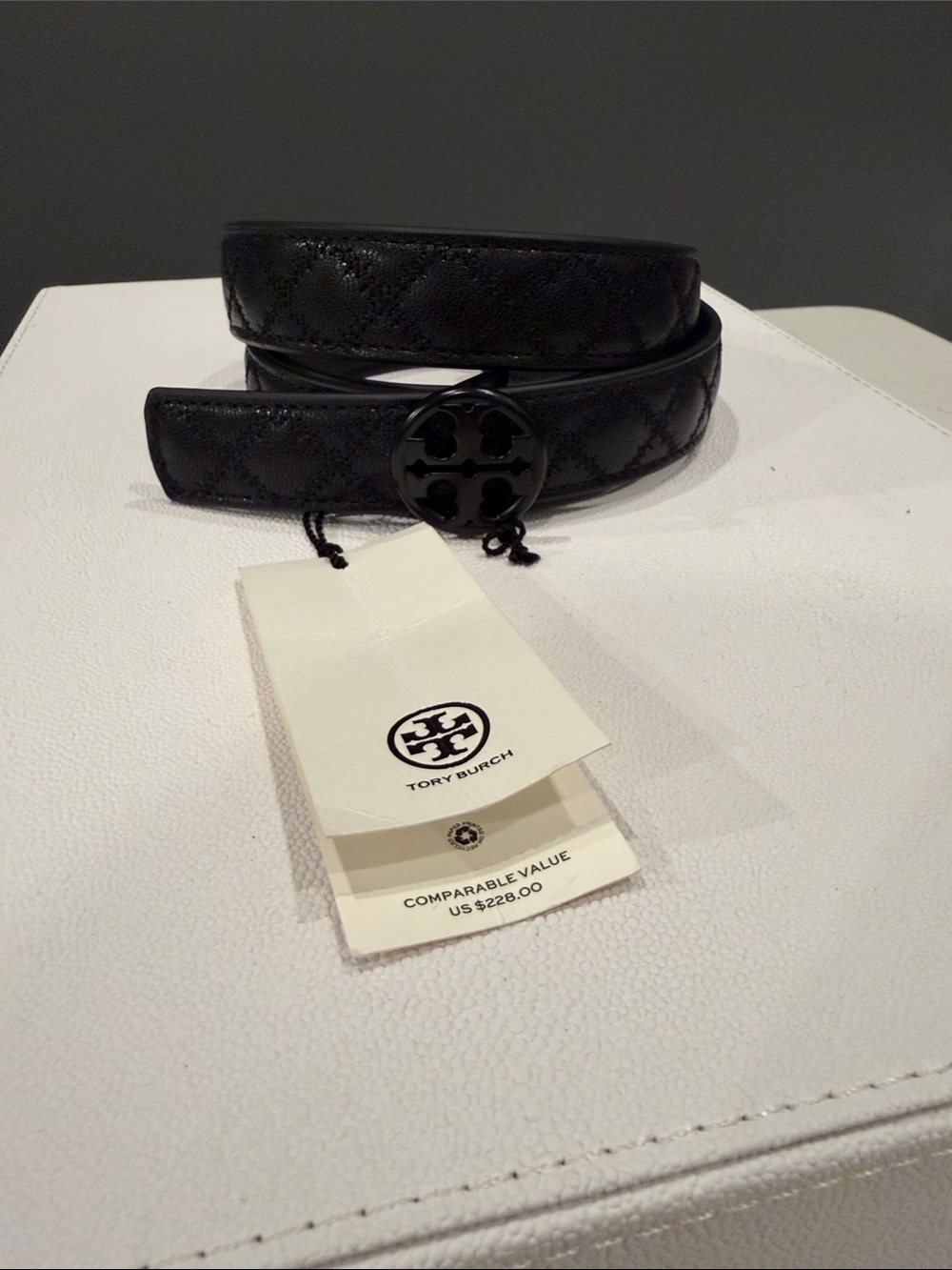 Tory Burch Black Quilted Logo Buckle Belt